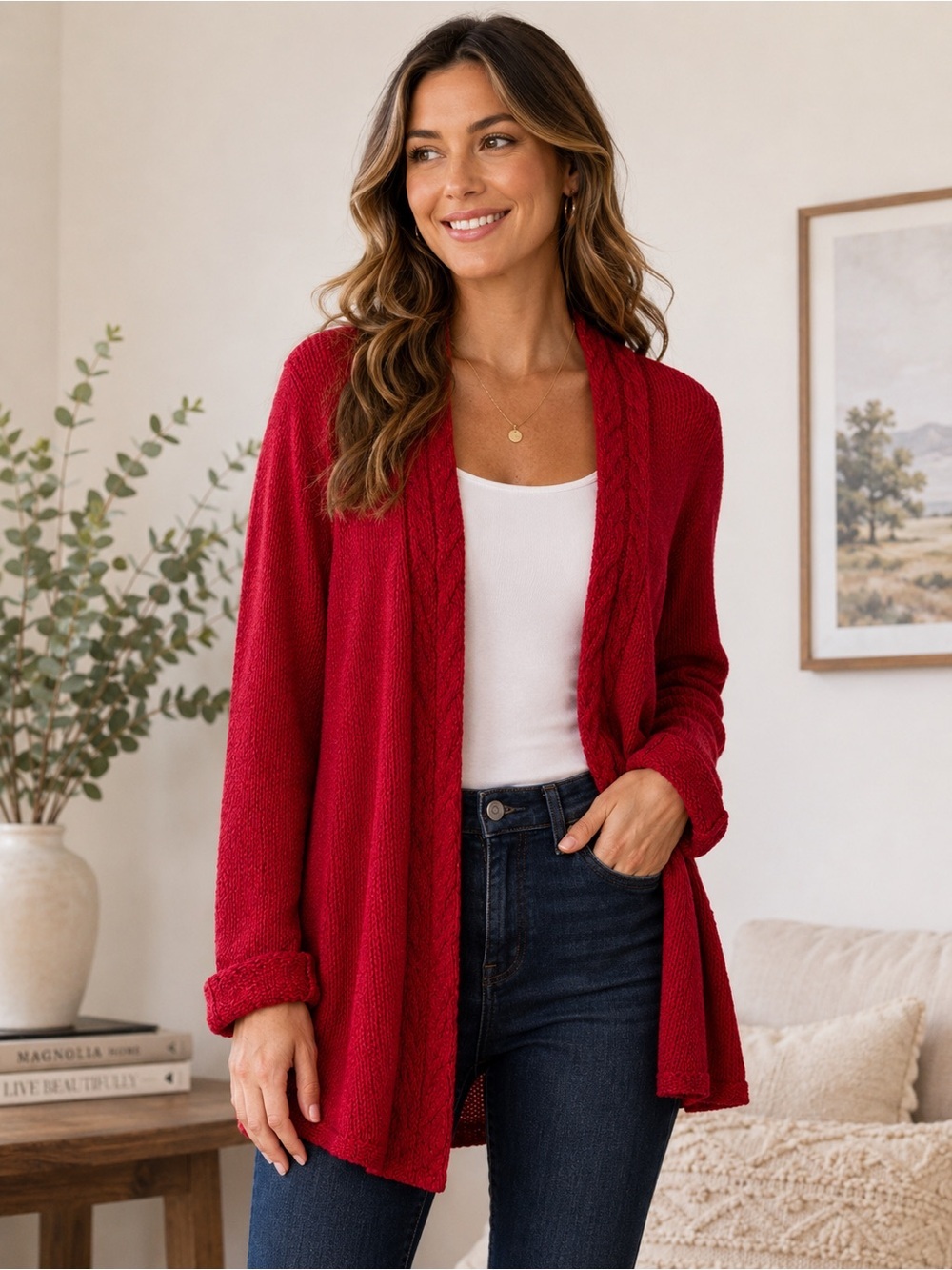 Coldwater Creek Red Open Front Cable Knit Cardigan Sweater Women’s Large Cozy